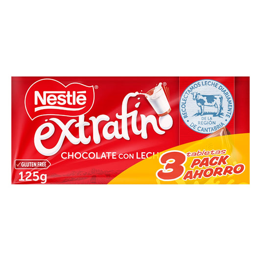 Nestlé Extrafino Chocolate con Leche Sin Gluten, 3 Tabletas de 125g